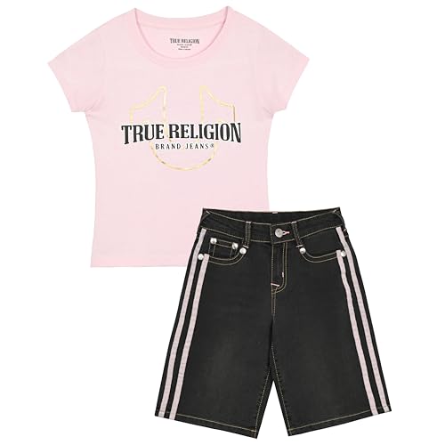 Image of True Religion Girls Jeans Shorts Set Girls Denim Short and Fashion Tee Shirt Clothing Set for Kids
