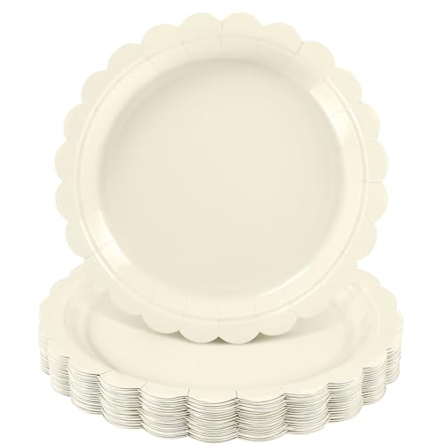 NatNarr 30 Pcs Cream Plates Disposable 9 Inch Scalloped Beige Paper Plates Cute Ivory Dessert Cake Plate Party Dinner Plate for Baby Shower, Wedding, Bridal Shower