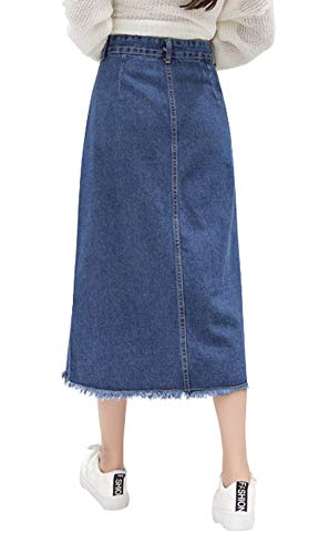 chouyatou Women's Mid-Calf Frayed Raw Hem Front Slit A-Line Midi Denim Jean Skirt2