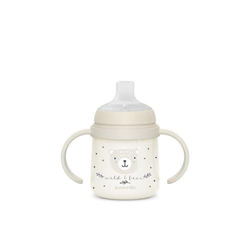 SUAVINEX, Biberón Asas, Brilla en la Oscuridad, +6 Meses, WildFree Gris | Vaso Aprendizaje Bebé, Taza Antiderrame, con Boquilla Blandita de Silicona, con Válvula Anticólico, Ideal Uso Noche