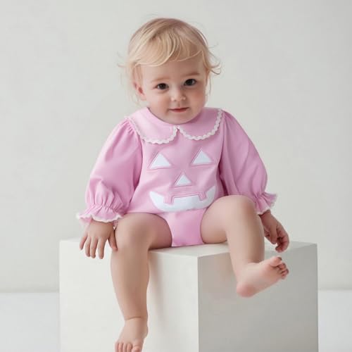 Baby Girl Halloween Outfit Pumpkin Face Plaid Peter Pan Collar Long Sleeve Bubble Romper Bodysuit Newborn Fall Clothes2