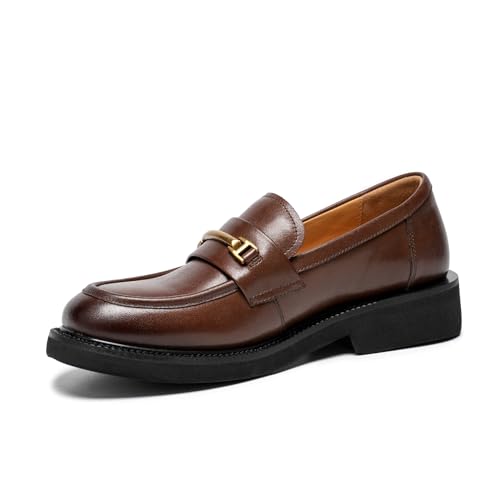 Image of BEAU TODAY Leather Loafers Women, Slip On Penny Loafers for Women Casual Shoes, Chunky Platform Comfortable Business Office Ladies Dress Shoes with Metal Buckle Brown US 8.5