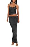SAFRISIOR Women 2 Piece Sequin Long Maxi Skirt Sparkly Scoop Neck Crop Camisole Shinning Midi Skirt Set Clubwear Party,Black