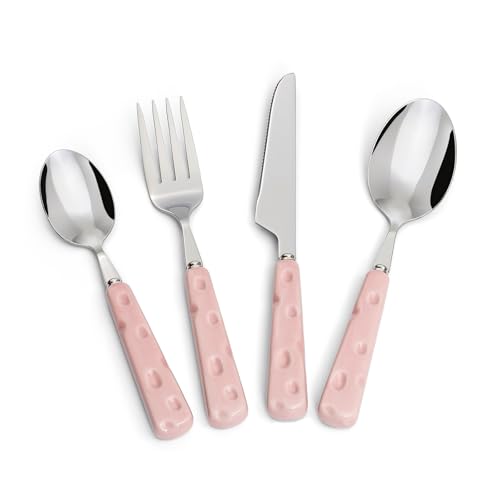 Koythin 4-Piece Cutlery Set, Stainless Steel Flatware Sets with Chubby Lovely Cheese Pattern Ceramic Handle, Utensils including Knife Fork Spoon (Pink)