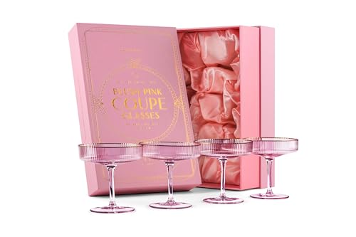 Coupes à Cocktail Art Déco Rose à Bord Doré | Lot de 4 | 200 ml | Verres Vintage pour Champagne, Martini, Manhattan, Cosmopolitan | Verrerie à pied en...