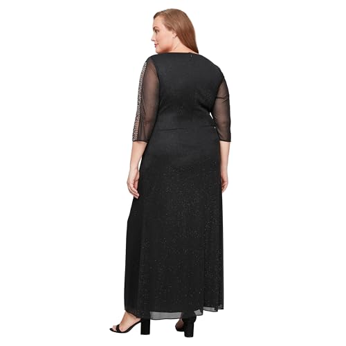 Image of S.L. Fashions Womens Long Length Ruched Waist Formal Mother of The Dress with Beaded Illusion 3 /4 Sleeves (Plus Size)