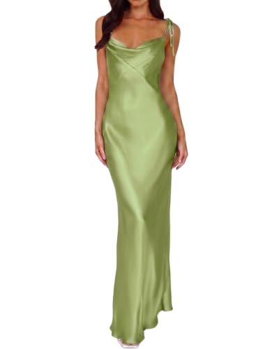 Image of 2026 Satin Cowl Neck Spaghetti Strap Maxi Dress for Women Bridesmaid