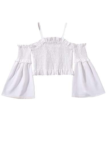 SHENHE Girl's Cold Shoulder Shirred Crop Tops Flounce Long Sleeve Frill Trim Blouses