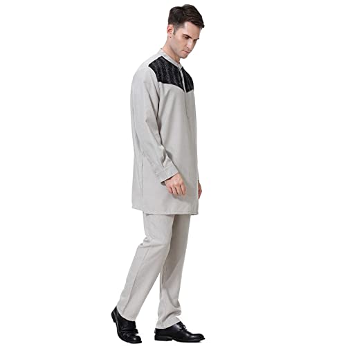Men's Casual Middle Button Down Pocket Muslim Robe Trousers Two Piece Set Suit Vest And Pants Set Men Grey #TOP6