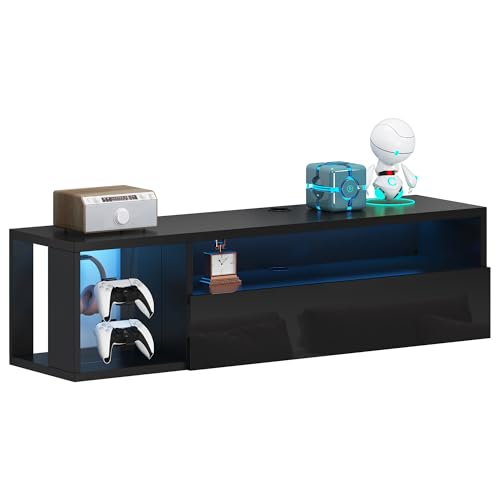 DlandHome Floating TV Stand with LED Light, 39.3&rsquo;&rsquo; Wall-Mounted Media Console, Floating Shelf for Under TV Wall Mount with Storage Shelf for Bedroom Living Room, Black
