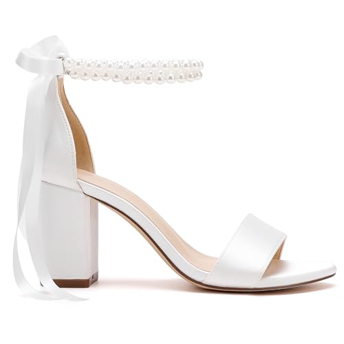Image of Women's Open Toe Pearl Wedding Shoes for Bride High Heels Sandals Satin Bridal Block Chunky Heels Ankle Strap Prom Evening Party Pumps