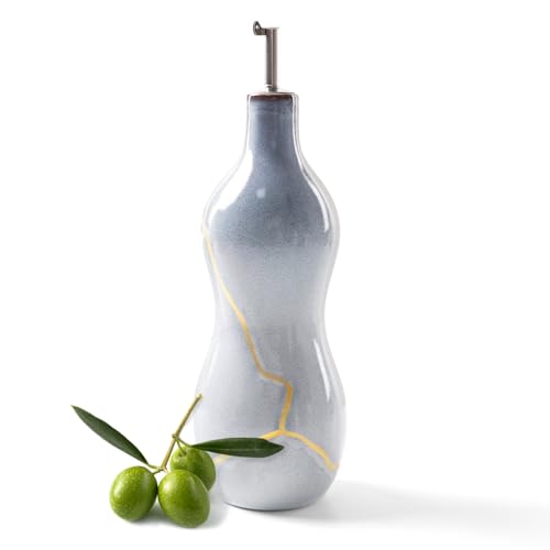 BosilunLife Ceramic Olive Oil Dispenser Bottle, 14 Oz Oil Cruet with Elegant Gold Accent & Curved Ergonomic Design, Non‑Drip Vinegar Bottle for Kitchen & Dining, Light Blue