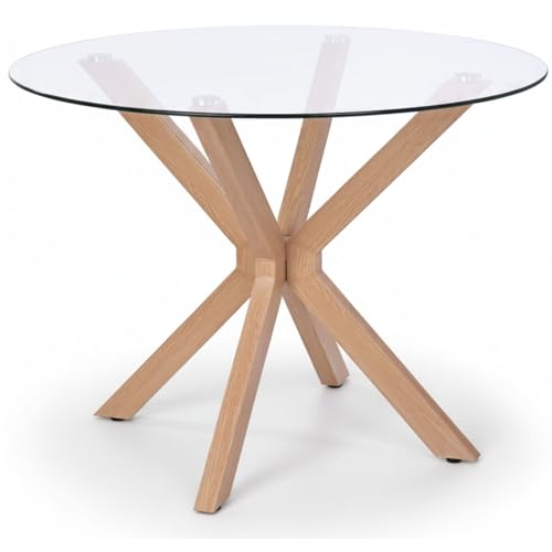 Noorsk Design Mesa Redonda Comedor - Patas Metálicas Acabado Efecto Madera - Mesa Comedor Redonda de 100 cm. Diámetro - Mesa Comedor Cristal Templado 8 mm. de Grosor