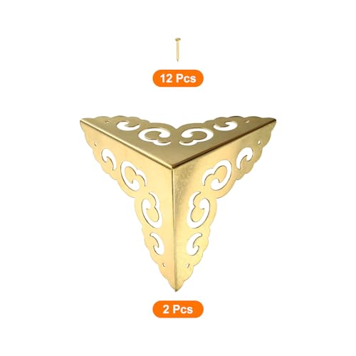Image of uxcell 2 Pcs Brass Edge Guard, 80mm Decorative Box Corner Cover, Corner Protector, Vintage Stair Dust Corners with Screws, Gold