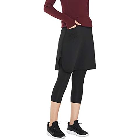 Westkun Damen Caprihose Leggings mit Lange Rock Knielang Bescheiden Laufenrock Skort mit Innenhose Sport Hosenrock, grau, L Cover