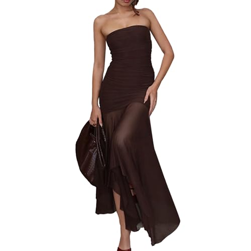 Women's Sexy Strapless Mesh Maxi Dress Tube Top Midi Dresses Wedding Guest Party Cocktail