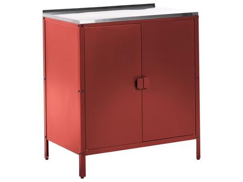Beliani Armario de Metal Plateado 90 cm Acero Inoxidable 2 Puertas Cocina Exterior Rojo Vilama