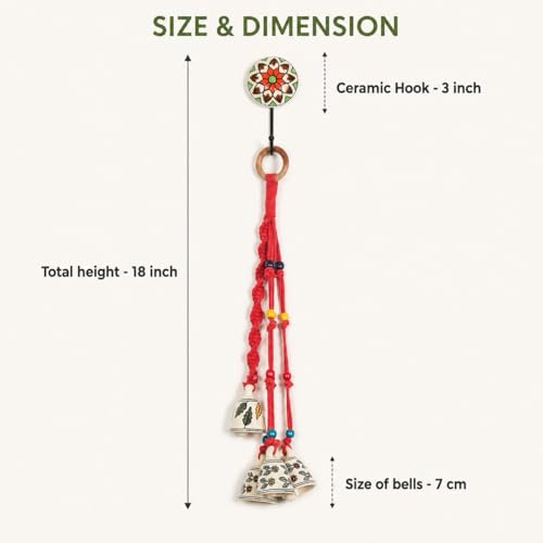 Image of KAAMERI BAZAAR Macrame Wind Chimes Enhance Living Space for Diwali (4 Bells, 1 Ring Tied with Red Macrame Thread)