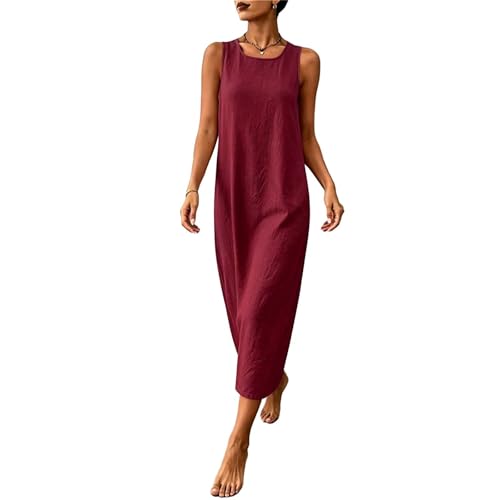 Image of Women Cotton Linen Dress Solid Round Neck Sleeveless Dresses with Pockets Ladies Zipper Back Casual Midi Dress Summer Crew Neck Loose Fit Long Dresses Beach Holiday Elegant Sundress Wine