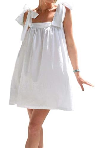 Image of Women Tie Shoulder Mini Dress Floral Ruffle Babydoll Dress Boho Square Neck Sundress Cute Summer Dresses