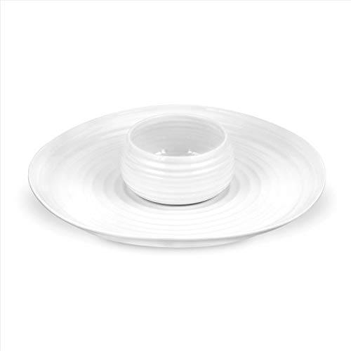 Portmeirion Sophie Conran White Dipping Platter – 12 Inch Chip Tray with 12 oz Dip Bowl, Elegant Fine Porcelain Serveware for Appetizers, Chips, Snacks, Parties & Everyday Entertaining