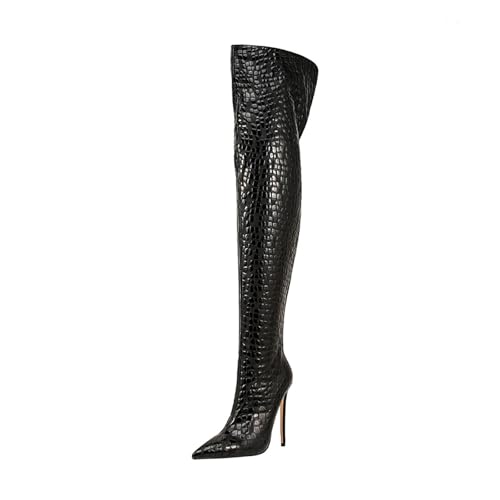 Image of Thigh high boots for women striped Back zipper Burgundy Zebra Print Over the knee Sexy gold white pointed toe Cow Print leopard Magenta stiletto heel