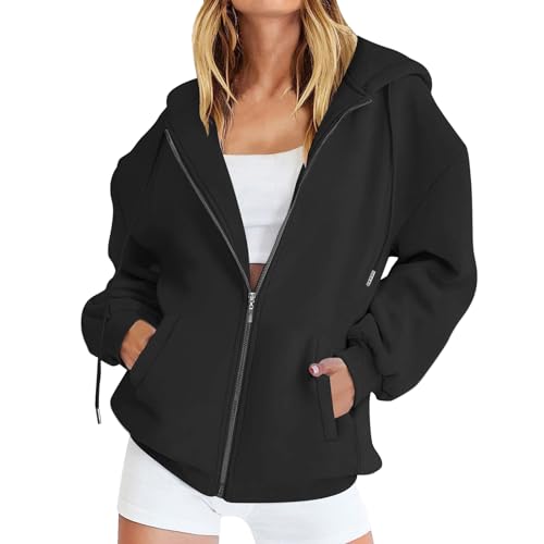 BOYSSPAA Women's Zip Up Hoodie Jacket Oversized Casual Hooded Sweatshirt with Pockets (UK, Alpha, M, Regular, Regular, Black)