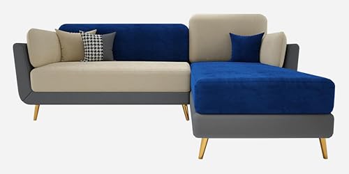 Image of Sixpine Luxury Dual Color Upholstery Lounger LHS Sofa in Premium Velvet | Solid Wood Structure | Sturdy Golden Legs | High Density Foam | Extra Comfort for Modern Living Room (Blue & Beige, 4 Seater)