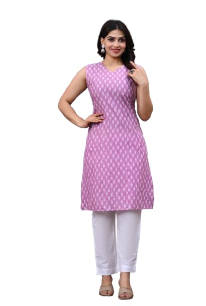 Women Floral Print Cotton Straight Kurta | Comfortable Cotton Cambric Sleeveless Kurti for Daily & Casual Wear-picture-37