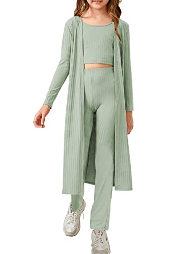 Fessceruna Girls 3 Piece Sweatsuit Outfit Kids Cute Crop Vest Top & High Waist Pants & Cardigan Knitwear Jumpsuit 3-14 Year2