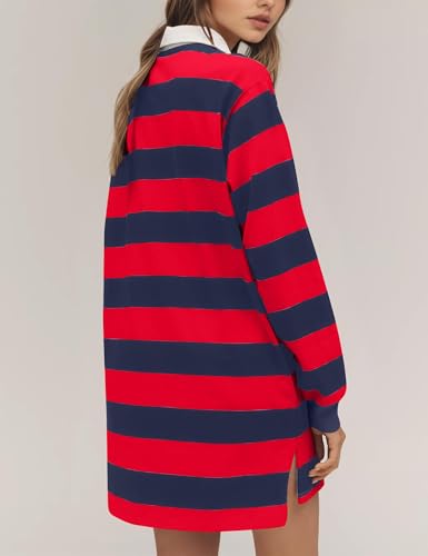 MISSACTIVER Striped Sweatshirt Mini Dress Women Long Sleeve Collared Button Down V Neck Oversized Pullover Tennis Dress3