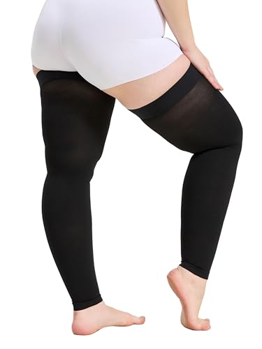 Image of Plus Size 4XL Thigh High Compression Stockings Footless- 15-20mmHg Moderate Full Leg Support Hoses with Unisex Reinforced Silicone Top Band, Breathable Fabric in Black for Nurses & Extended Standing