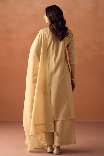 Image of FIORRA Women Beige Cotton Jacquard Woven Kurta Set with Dupatta