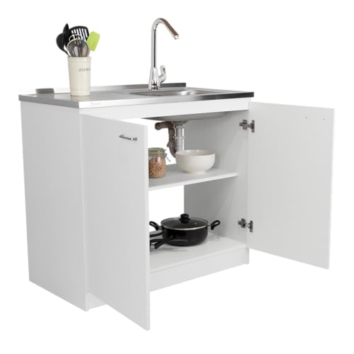 Tuhome Naples Utility Sink Cabinet for Kitchen Use with Integrated Stainless Steel Sink and Stainless Steel Countertop, Double Door Storage Cabinet with Interior Shelf for Kitchen, Laundry or Utility