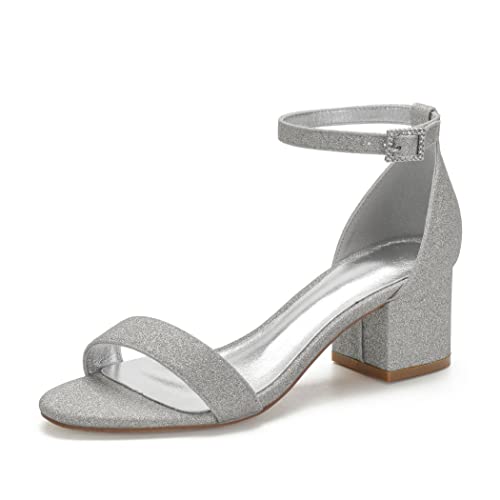 Sandalias De Tacón Alto para Mujer Sandalias Zapatilla con Punta Abierta Correa De Tobillo Mujer Moda Diamantes de Imitación Verano Heels,Plata,40 EU Cover