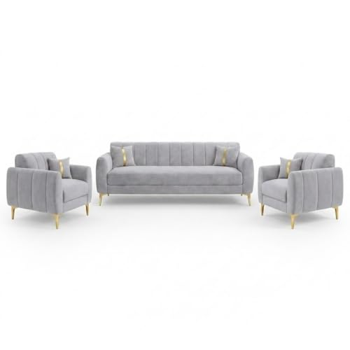 Image of Hermione Luxe Velvet-Suede Fabric 3 Seater + 1 Seater + 1 Seater Sofa Set | Golden Legs | Comfortable & Spacious Seating | Modern Sofa Set for Living Room - Light Gray