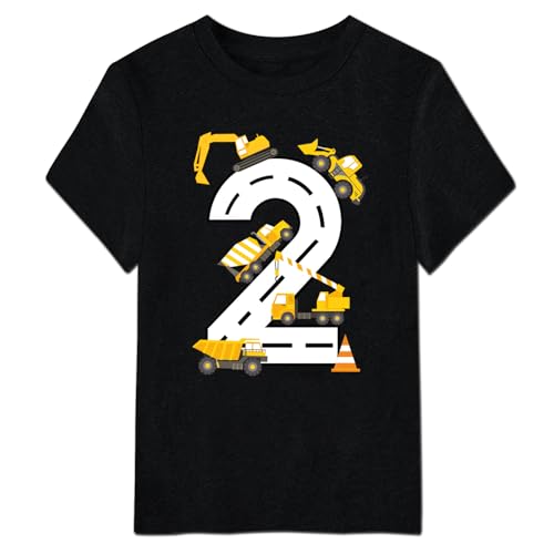 Kidsonny Toddler 2nd Birthday Shirt Boy Construction Excavator Truck Short Sleeve T Shirt Tees Party Gift Outfits Black 2T
