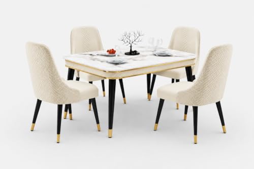 Image of WOODEN SPACE Majestic 4 Seater Wooden Dining Table Set | Urban Marble Top Dining Table with Chairs for Dining Room & Kitchen (Modern Vento Beige) (54 x 36 x 30 inch)
