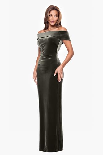 Image of Xscape Women's Velvet Off-The-Shoulder Popover Maxi Dress with Zippered Back Closure, Moss, 16
