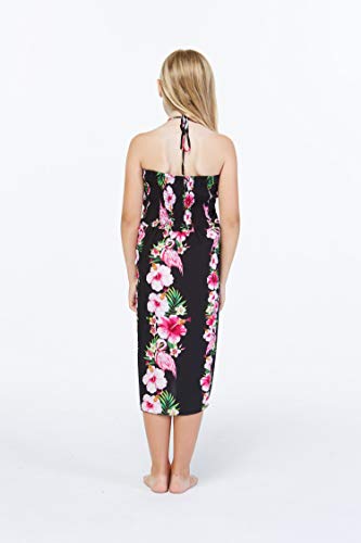 Matching Hawaiian Luau Mother Daughter 3/4 Sleeve Mermaid Ruffle Dress in Pink Black Hibiscus Vine4