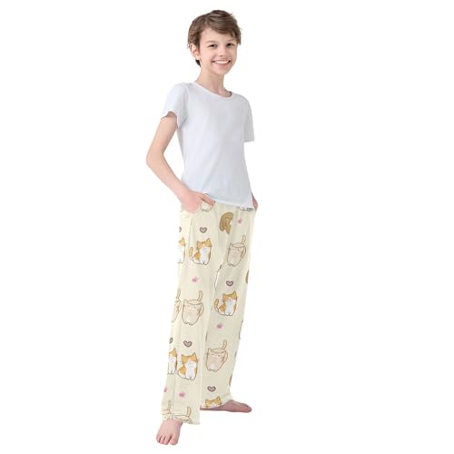 Boys' Pants Cute Cartoon Cat Yellow Long Bottoms Jogger Pants Elastic Waist Trousers with Pockets S-XL4