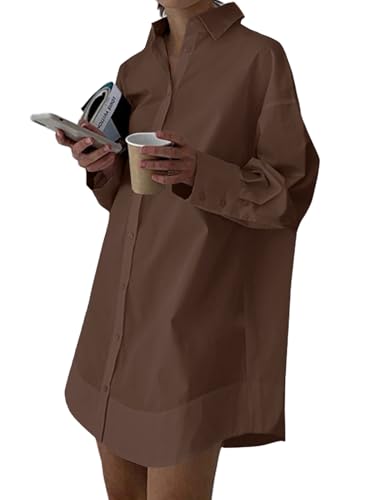 LYANER Women's V Neck Casual Shirt Dress Dark Brown Large