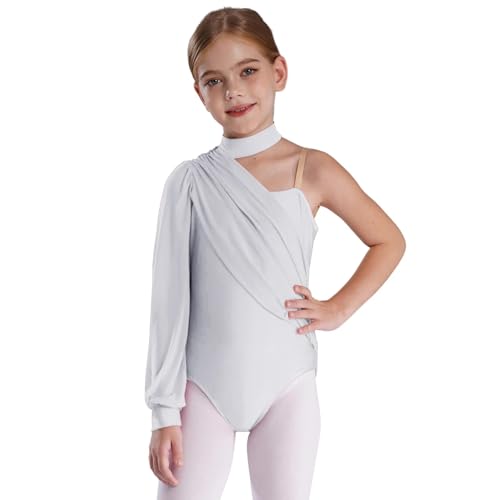 LUYSGBXR Maillot NiñA Girls One Shoulder Ballet Dance Long Sleeve Gymnastics Jumpsuits Ruched Mesh Dancewear Figure Skating Bodysuit Gymnastic Leotard(White,6)