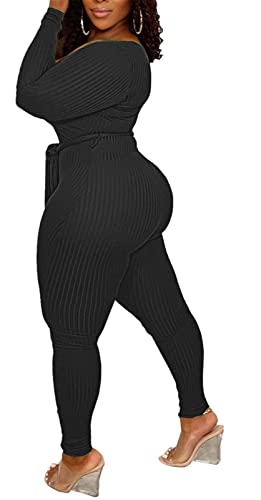 Womens Sexy Long Sleeve Deep V Neck Knitted Bodycon Belted Party Clubwear Jumpsuit Rompers Black #TOP1