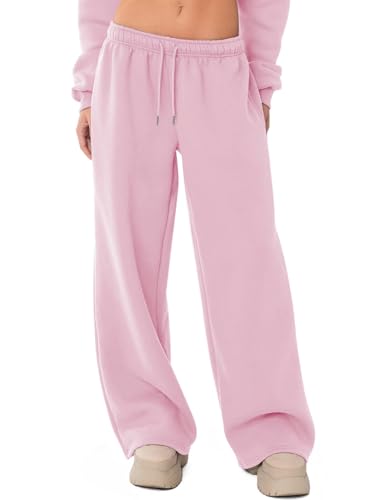 Ugerlov Wide Leg Sweatpants Women Baggy Fleece Sweat Pants Teen Girls Lounge Drawstring Trousers Low Rise Cute Streetwear Pants with Pockets Pink M