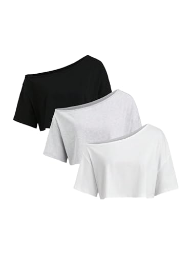 Women's 3 Packs Off Shoulder Crop Tops Streetwear Short Sleeve Asymmetrical Oversized Tshirts