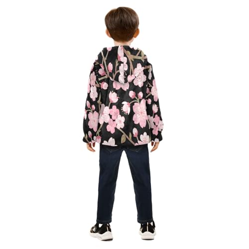 Cherry Blossoms on Black Background Toddler Fleece Jacket Girl Boys Hooded Fleece Jacket Coat Warm4