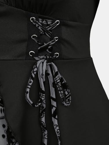 Rosegal Womens Plus Size Flocking Floral Figure Print Lace Up Ruched Ruffles Long Bell Sleeves Flowy 2 in 1 Top3