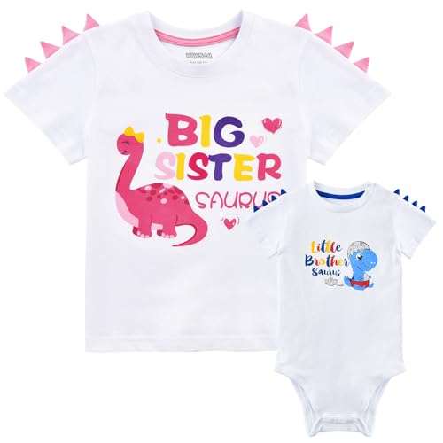 Image of WAWSAM Big Sister Little Brother Outfit Matching Shirts Dinosaur Toddler Newborn Set
