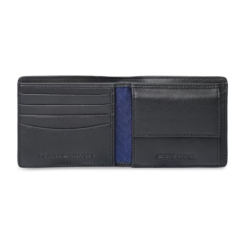 Image of Tommy Hilfiger Men's Leather Wallet Napier | Solid Black Bi-Fold with Global Coin Pocket, 4 Card Slots | Stylish Purse for Gents